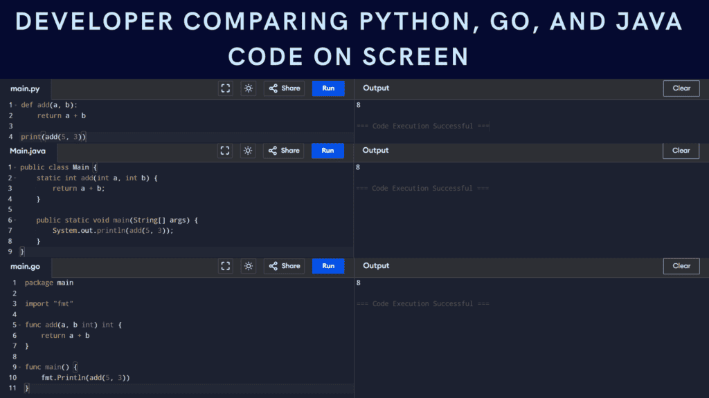 Developer comparing Python, Go, and Java code on screen