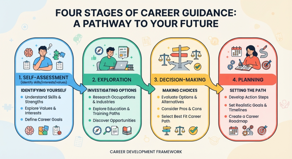 Diagram showing four stages of career guidance: self-assessment, exploration, decision-making, planning